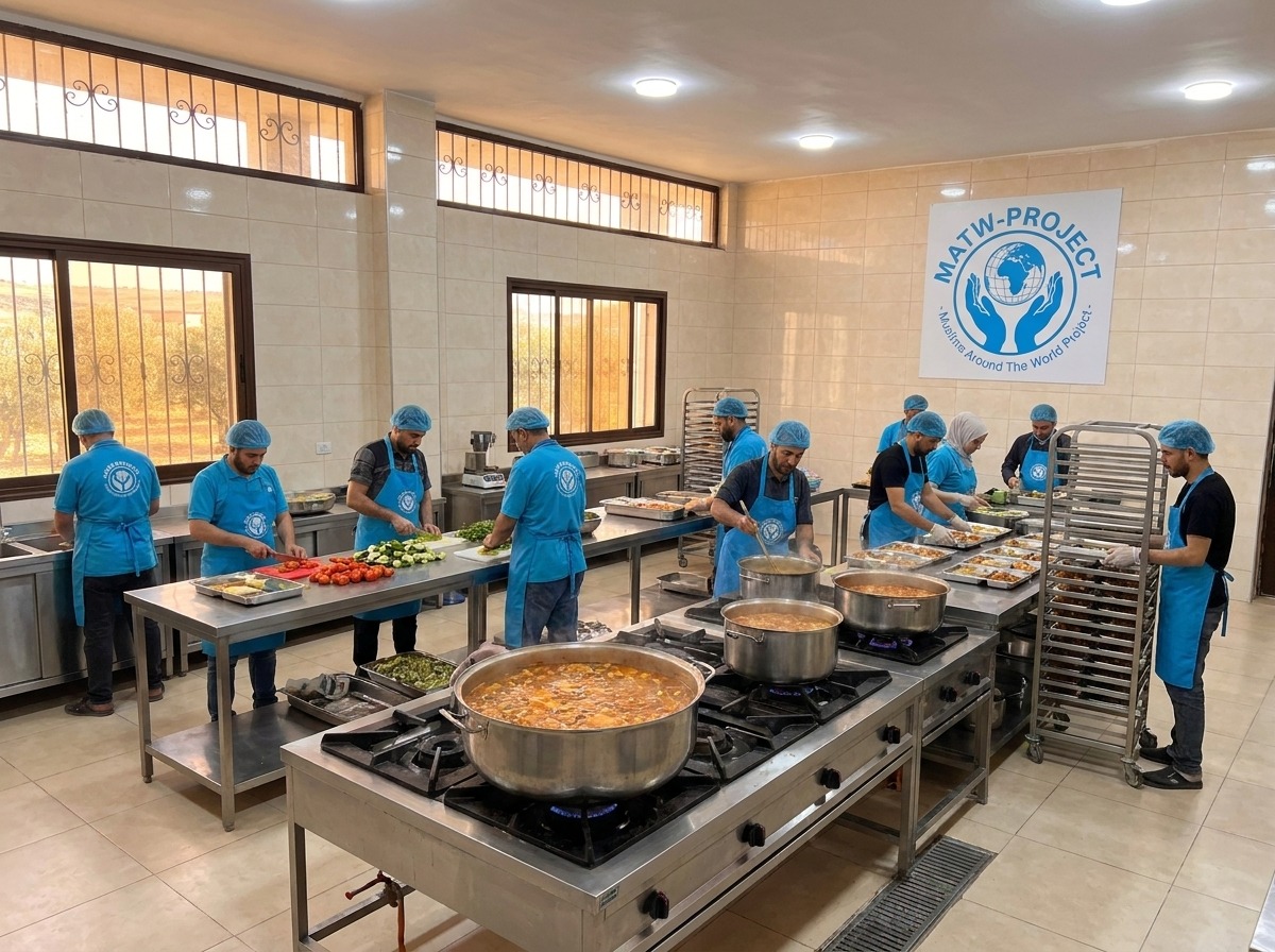 Volunteers preparing food together in the community kitchen