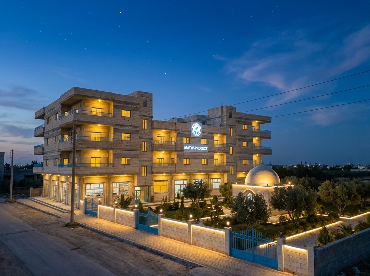 MATW community buildings and facilities illuminated at dusk